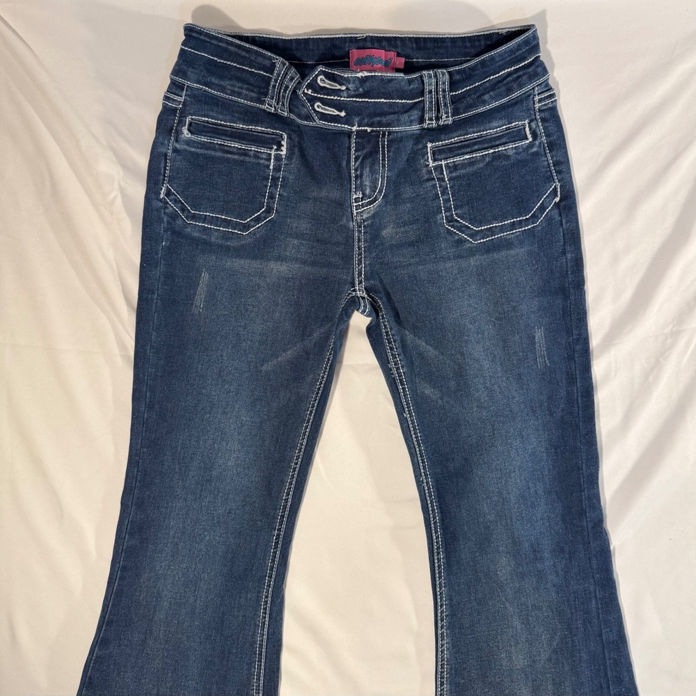 Edikted Wide Leg Flare Jeans Dark Wash Contrast Stitch Y2K Blue Denim Size M
